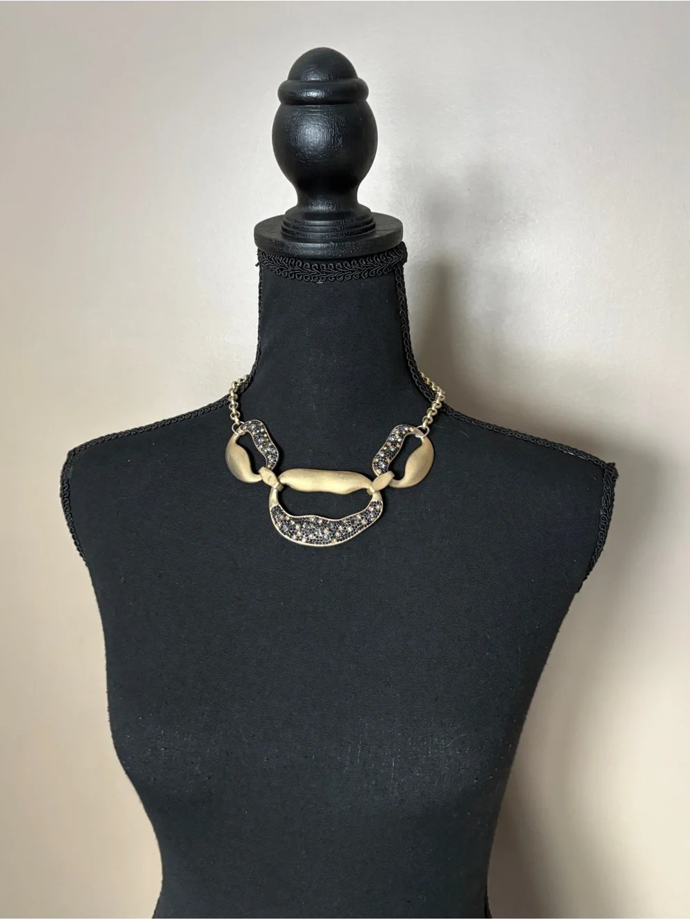 ABS Allen Schwartz bib statement necklace brushed gold pave dark crystals bold